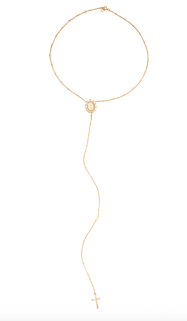 14K GOLD BEADED COIN AND CROSS LARIAT NECKLACE