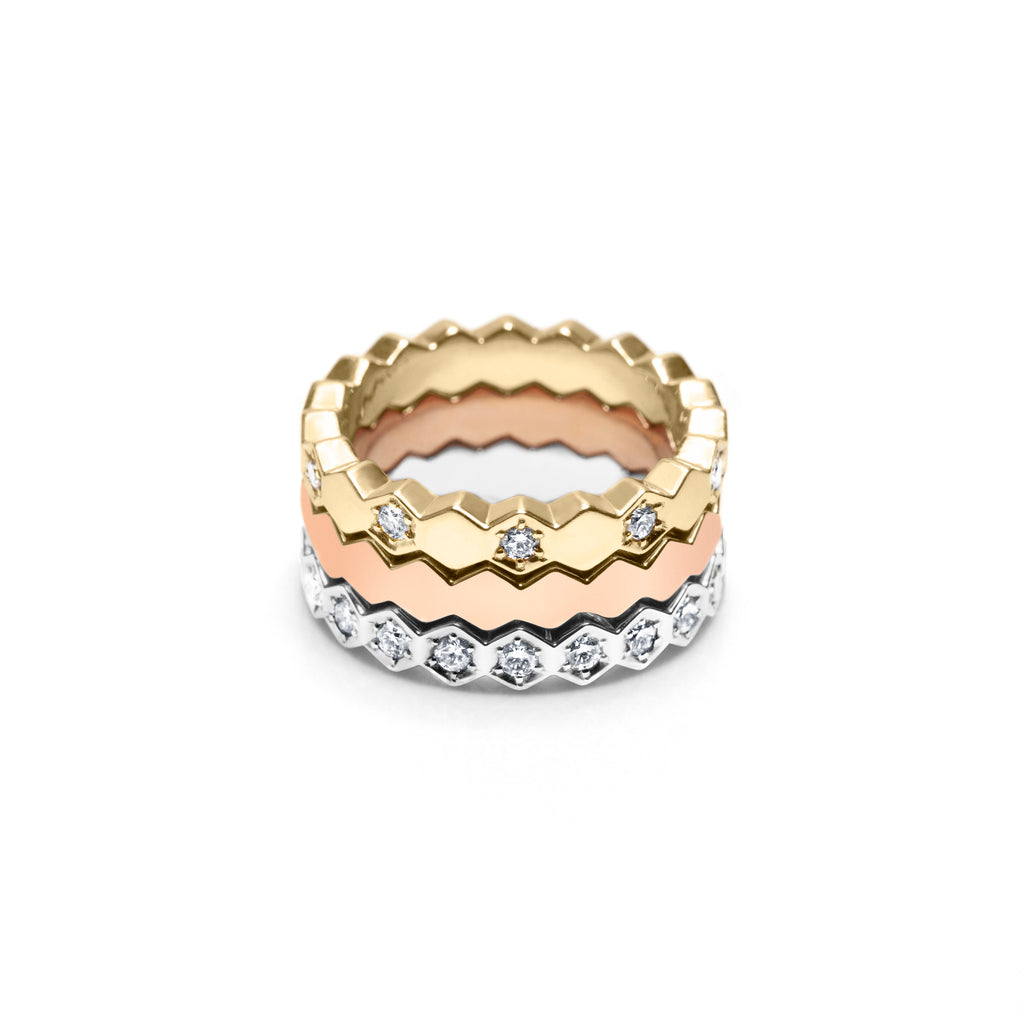 SHE HIVE STACK 18K GOLD & DIAMOND STACKABLE HEX BANDS